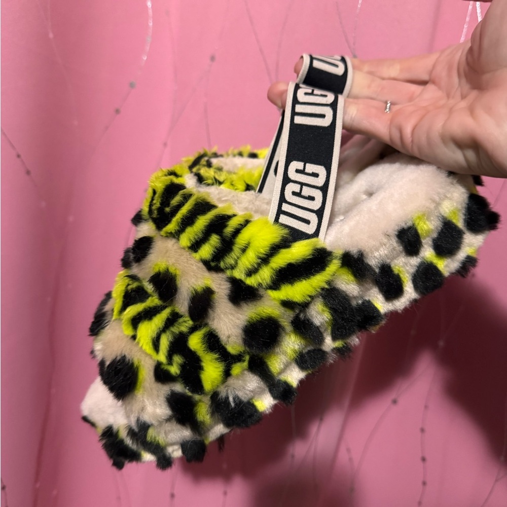 UGG Neon Yellow and Black Fuzzy Slippers